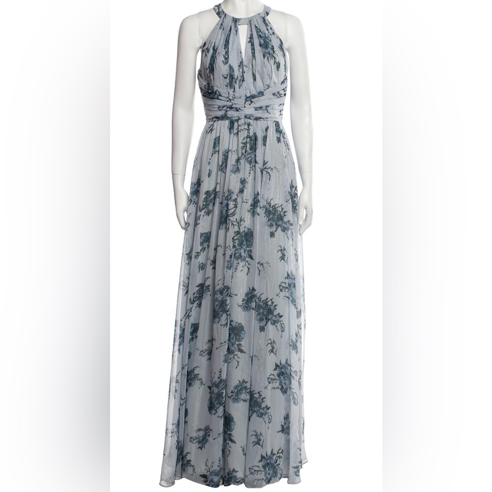 Marchesa Notte • Blue & Silver Floral Maxi Dress with open back • size 6